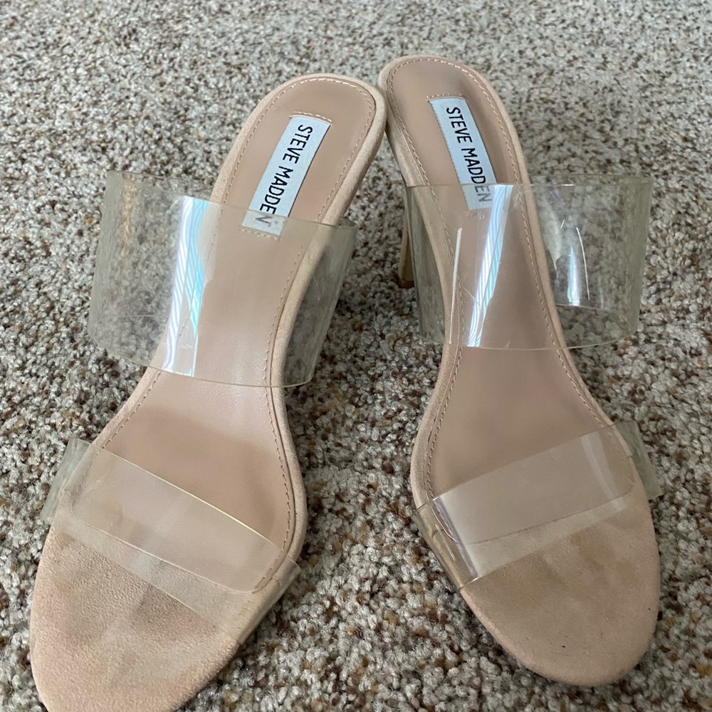 Stev Madden clear slide-on heels